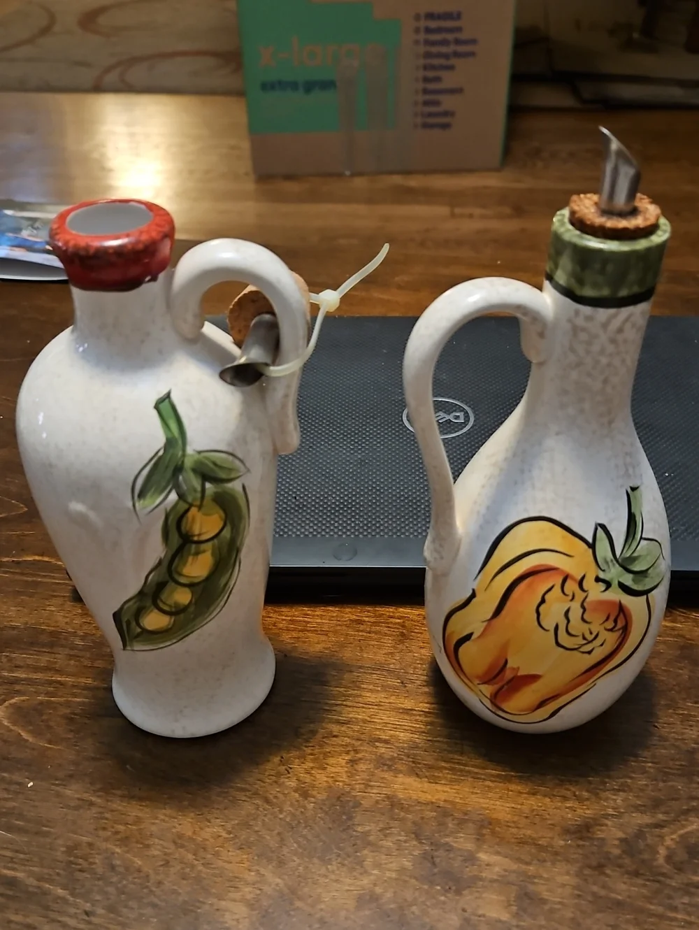 Hand-Painted Ceramic Olive Oil & Vinegar Cruet Set - vegetable Motif, Cream